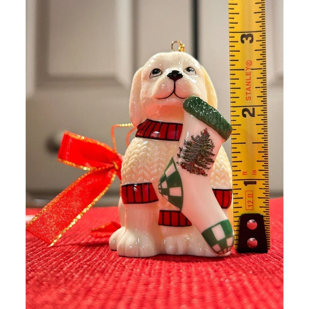 Spode Christmas Tree Puppy with Stocking Ornament 2.5